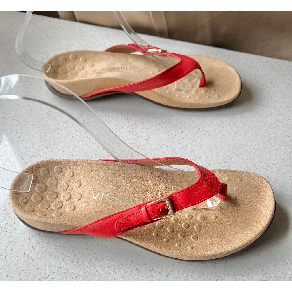 Vionic Womens Thongs Flip Flops Size 6 Red LeatherArch Support Buckle Strap - Picture 3 of 10
